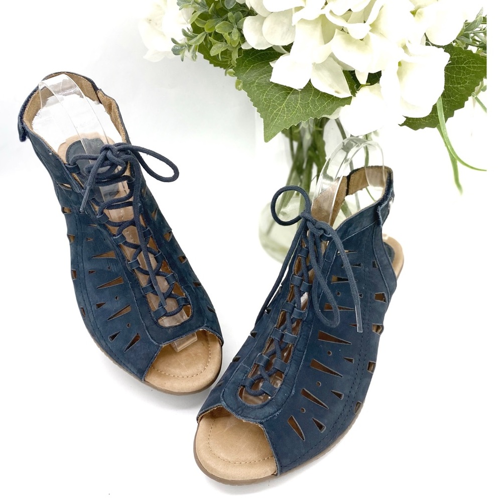 Earth Kristen Wide Nubuck Leather Lace-up Sandal Navy Stacked Heel 7.5